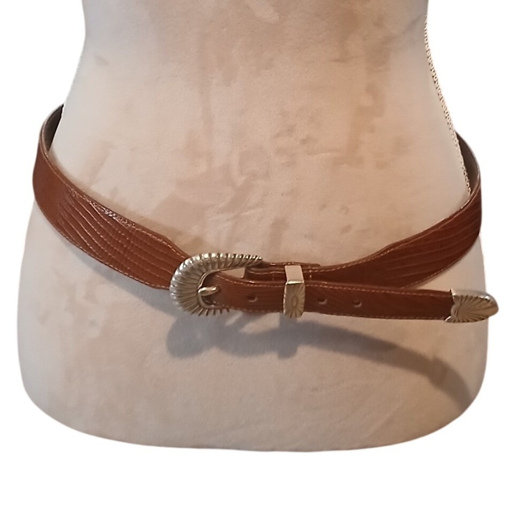 Canterbury Brown Lizard Grain Leather Western Belt Silver Brass Buckle Size 38